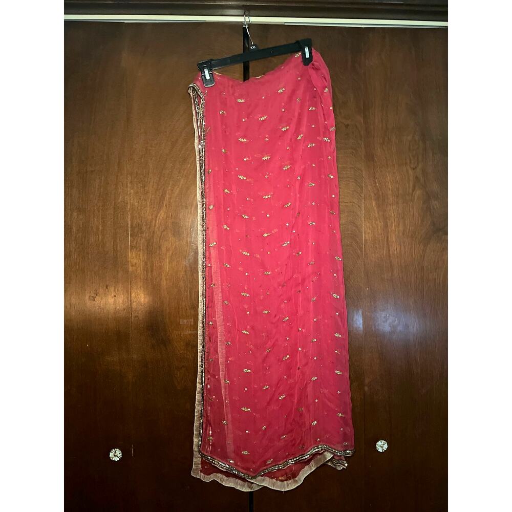 Chiffon Saree Dupatta Scarf Wrap Red Gold Sequins Beaded Trim 79.5"x37"~